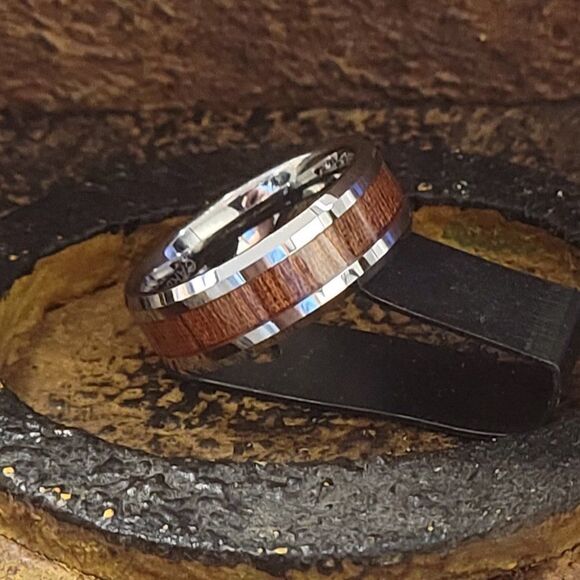 Men's Real Silver Tungsten Wedding Ring Whiskey Barrel Wood Inlay - Picture 7 of 10
